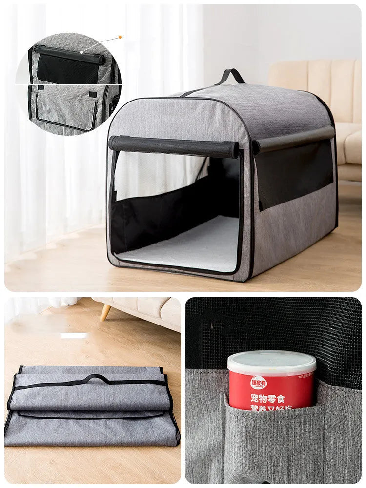 Grey portable dog cage house with mesh panels and roll-up sunshade for travel