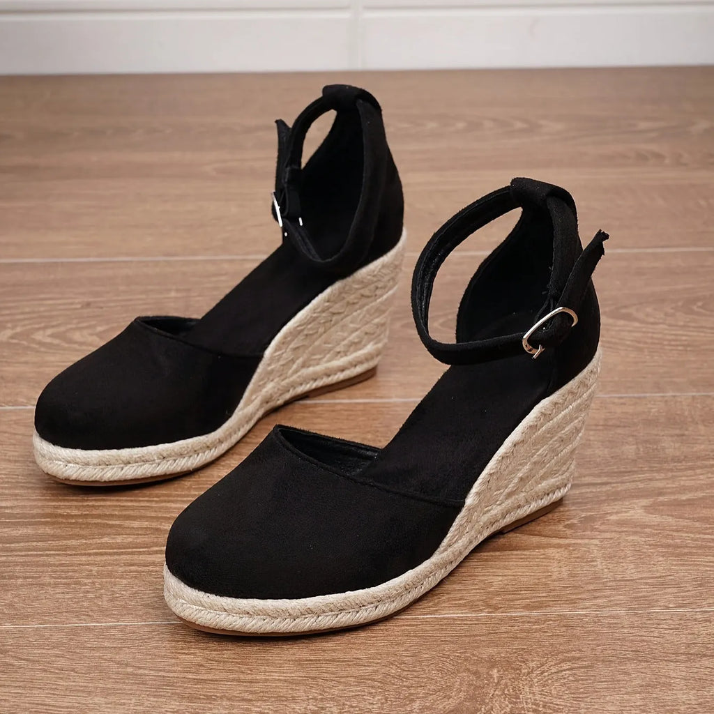 Women's apricot suede and canvas wedge sandals with round toe and buckle