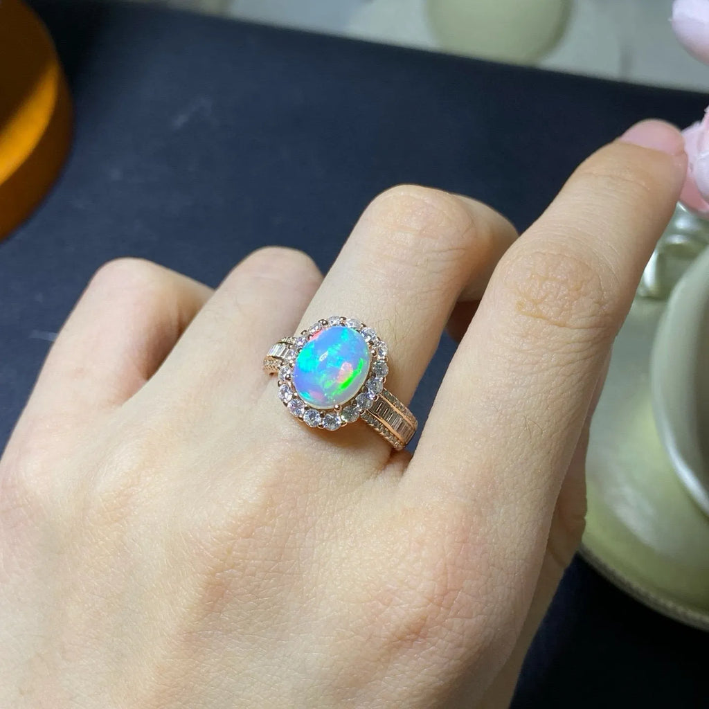 Natural opal opening silver ring in choice of platinum, rose gold or gold colour finishes