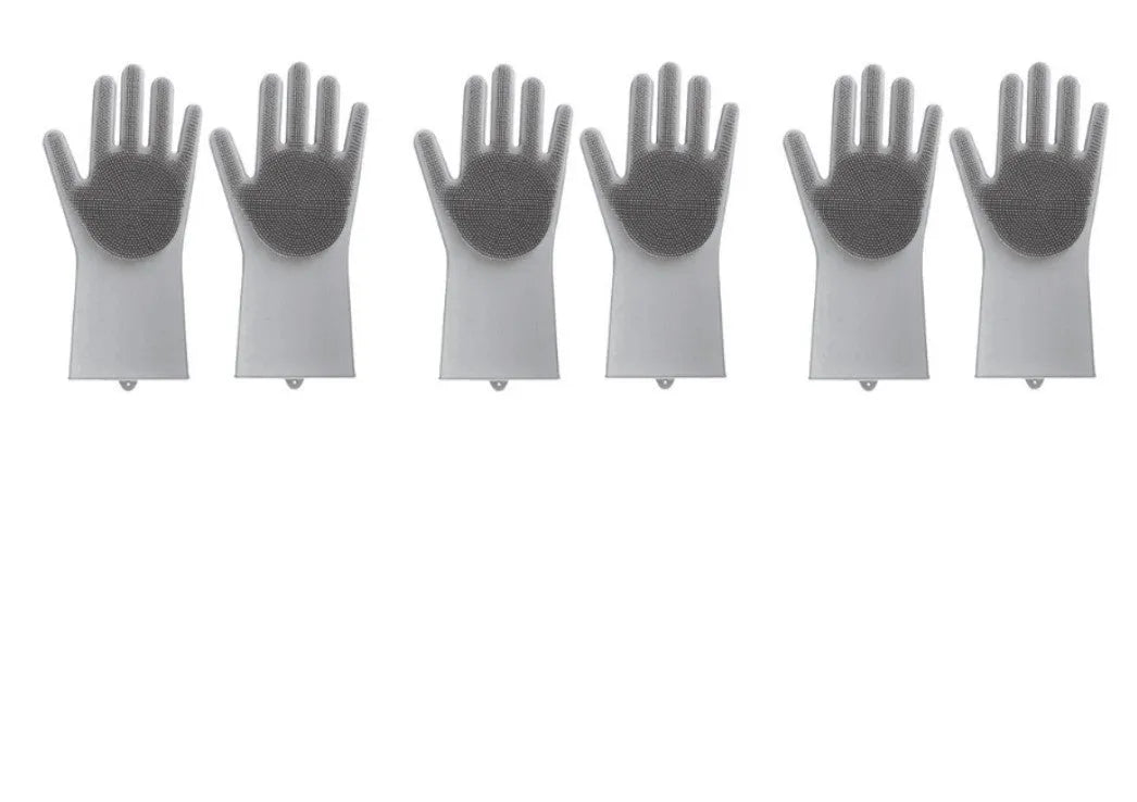 Blue silicone cleaning gloves with a textured sponge palm design for scrubbing.