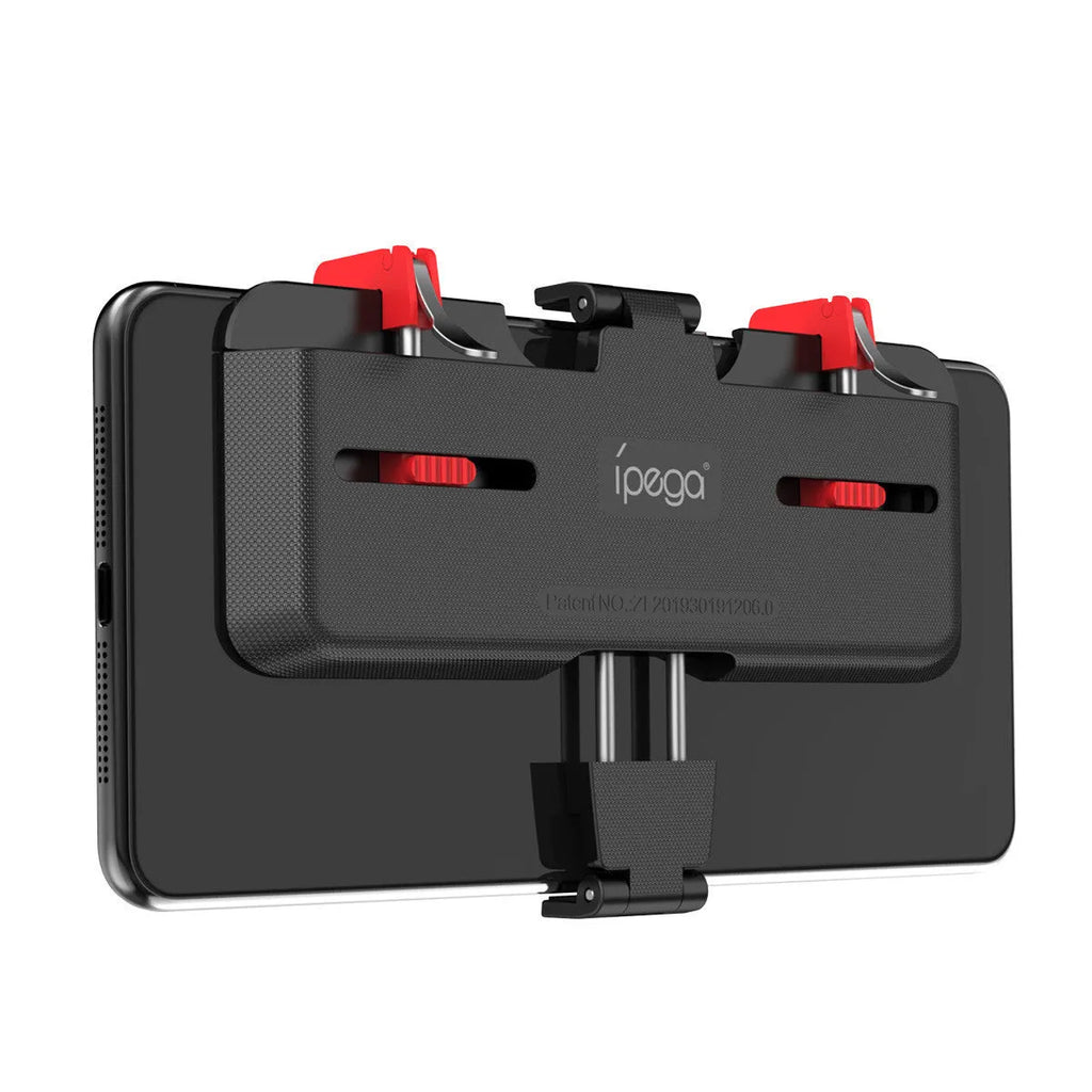 Black PG-9137 mobile phone gaming trigger bracket with adjustable metal trigger and telescopic phone clip.