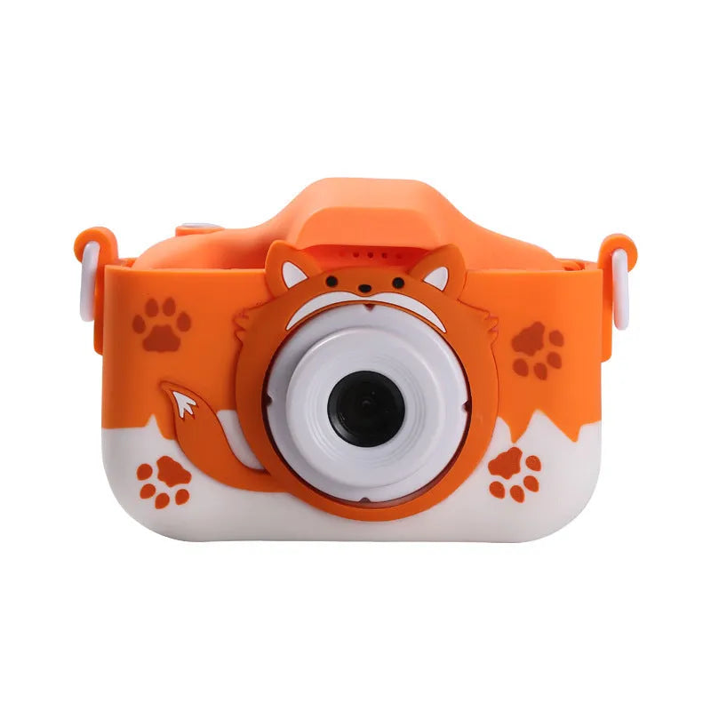 Children's HD cartoon digital camera in orange with compact design and lanyard