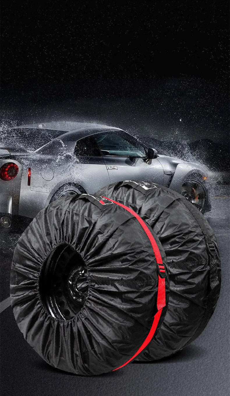 Set of four black Oxford cloth car tyre protective covers for parked vehicles.