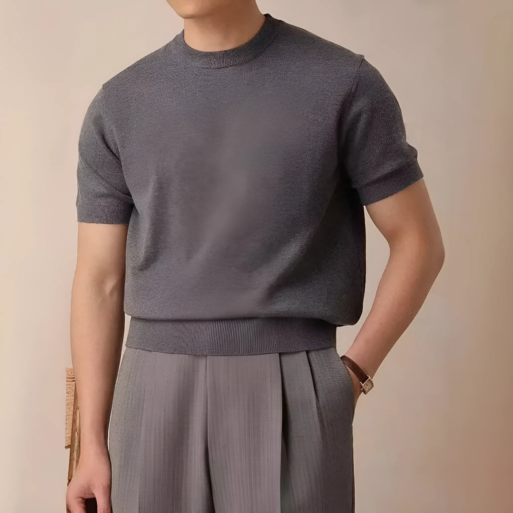 Round neck short sleeve knitted T-shirt in Tencel viscose blend available in black dark gray and white sizes XS to XXL