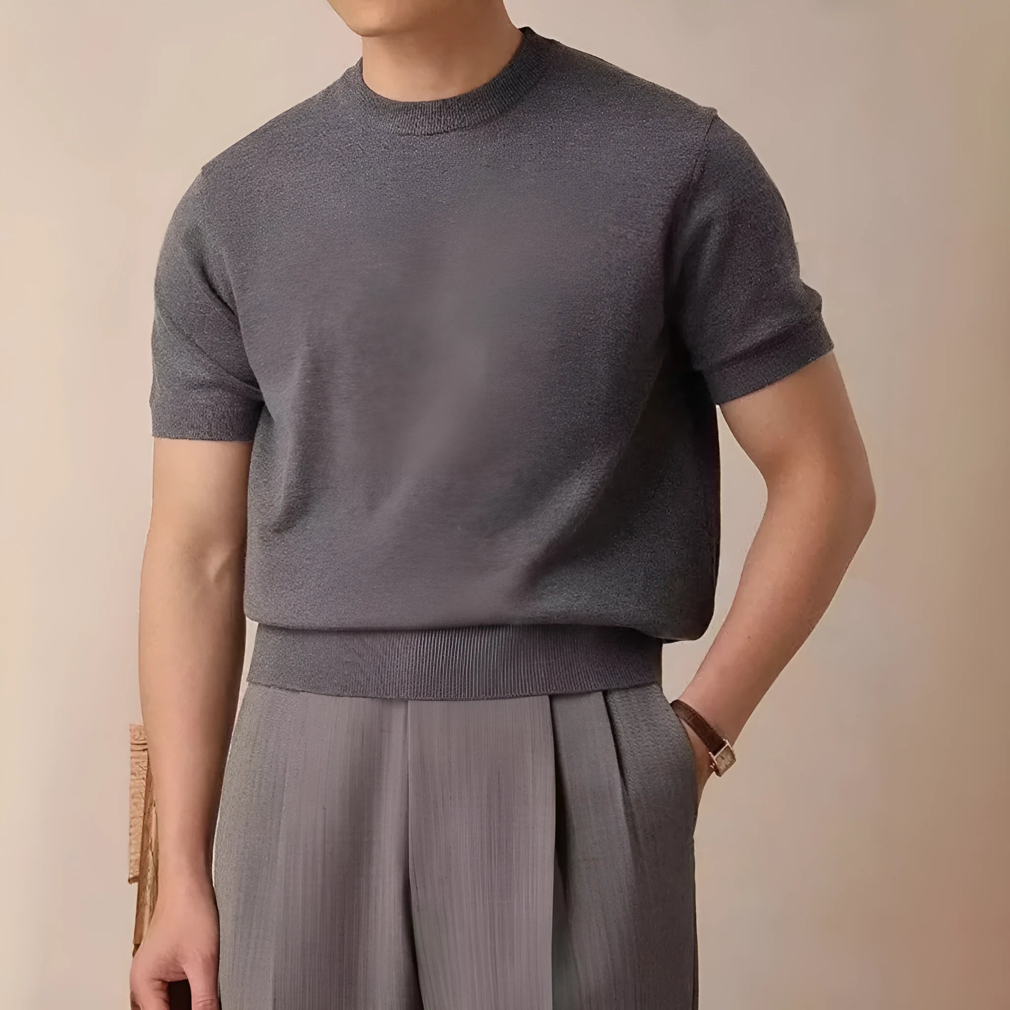 Round neck short sleeve knitted T-shirt in Tencel viscose blend available in black dark gray and white sizes XS to XXL