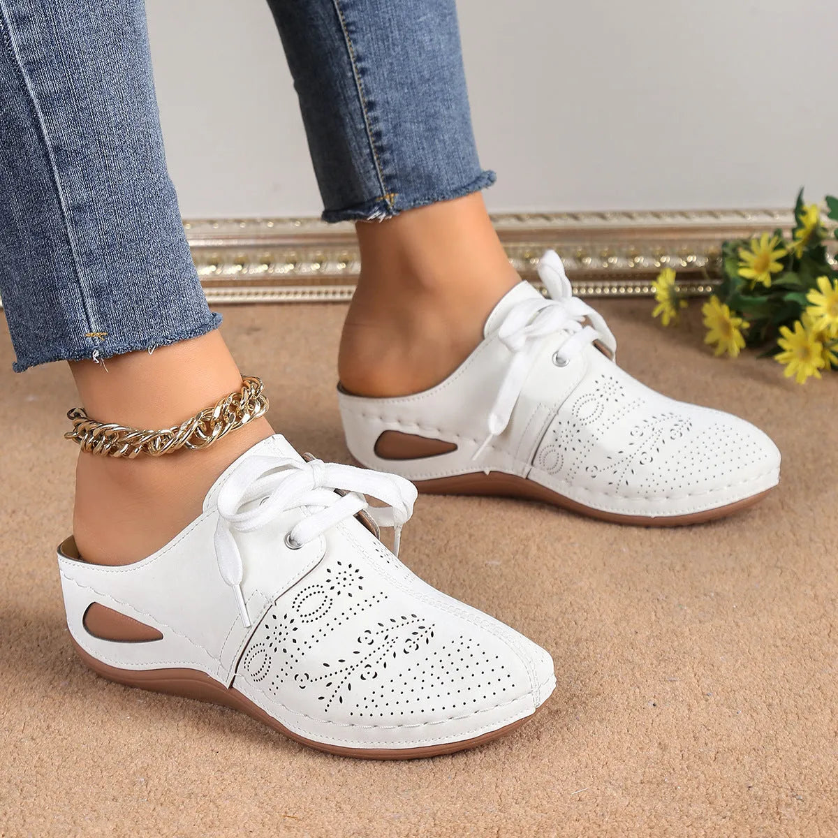 Women's lace-up baotou slippers with hollow out wedge design in suede with rubber sole