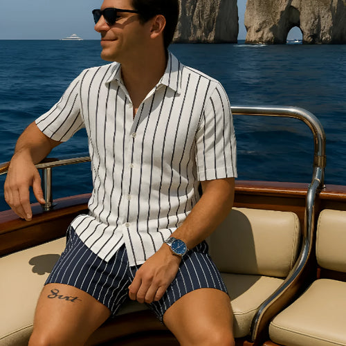 Beach men's shirt and shorts set in elastic fabric with anti-wrinkle properties