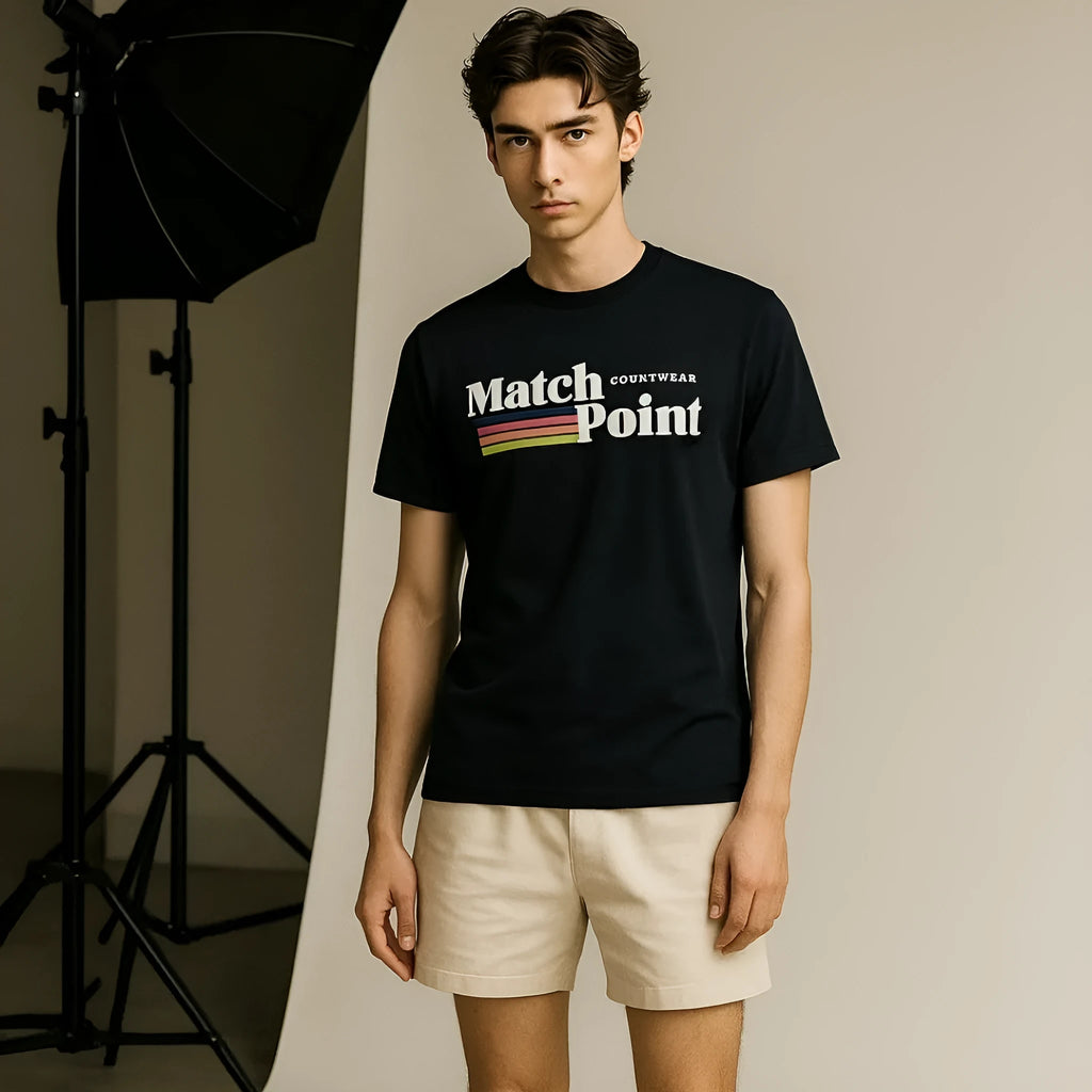 Black men's casual T-shirt with a 3D digital printed pattern, round neck, and short sleeves.