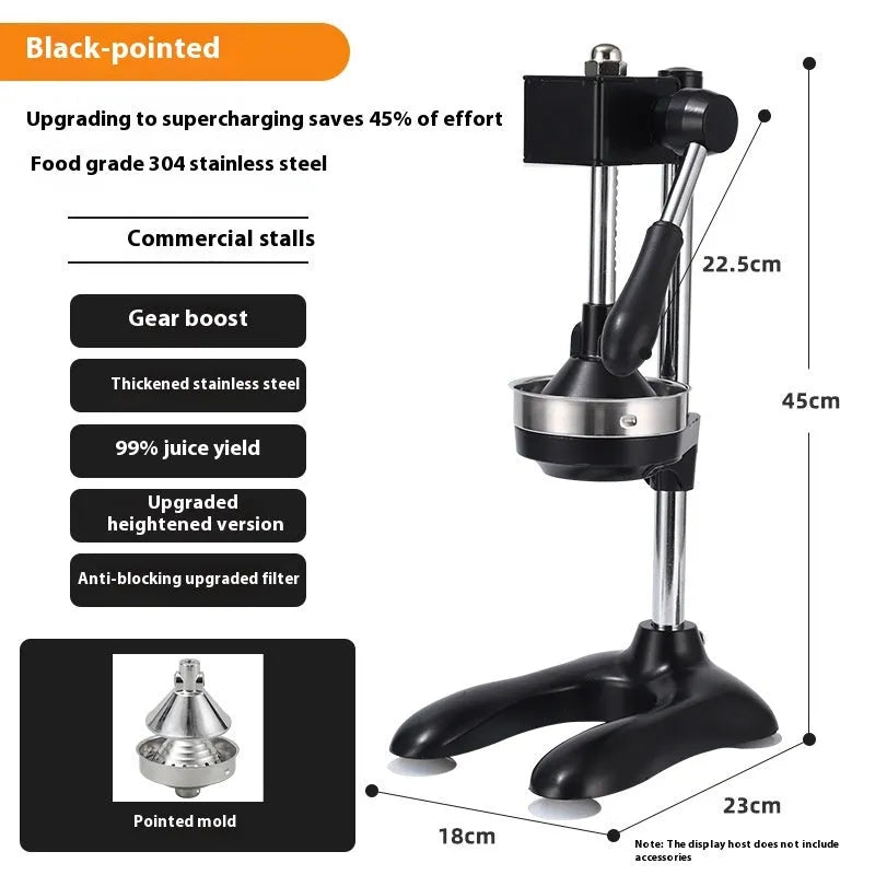 Vertical stainless steel manual citrus juicer shown in various colour and head style options.