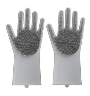 Blue silicone cleaning gloves with a textured sponge palm design for scrubbing.