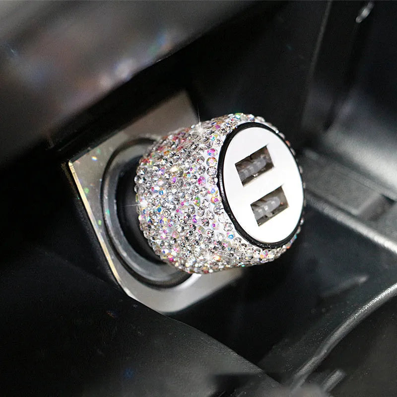 Car charger with diamond pattern design in red, white, black, pink, and AB colour options for cigarette lighter sockets.