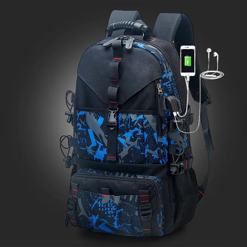 Men's large waterproof hiking backpack in Oxford cloth with air cushion back system, shown in a camouflage colour variant.