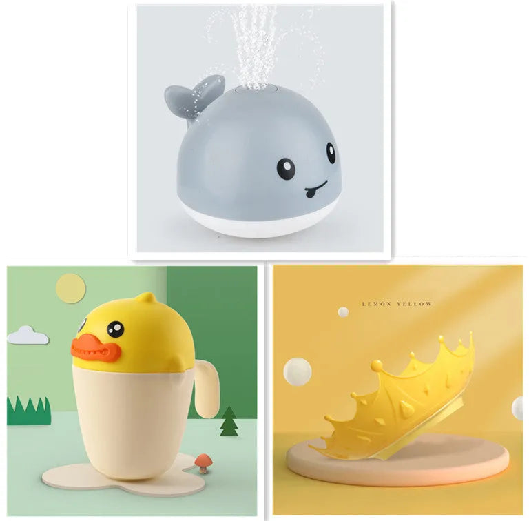 White and blue whale-shaped bath toy spraying water with LED lights on, floating in a baby bath