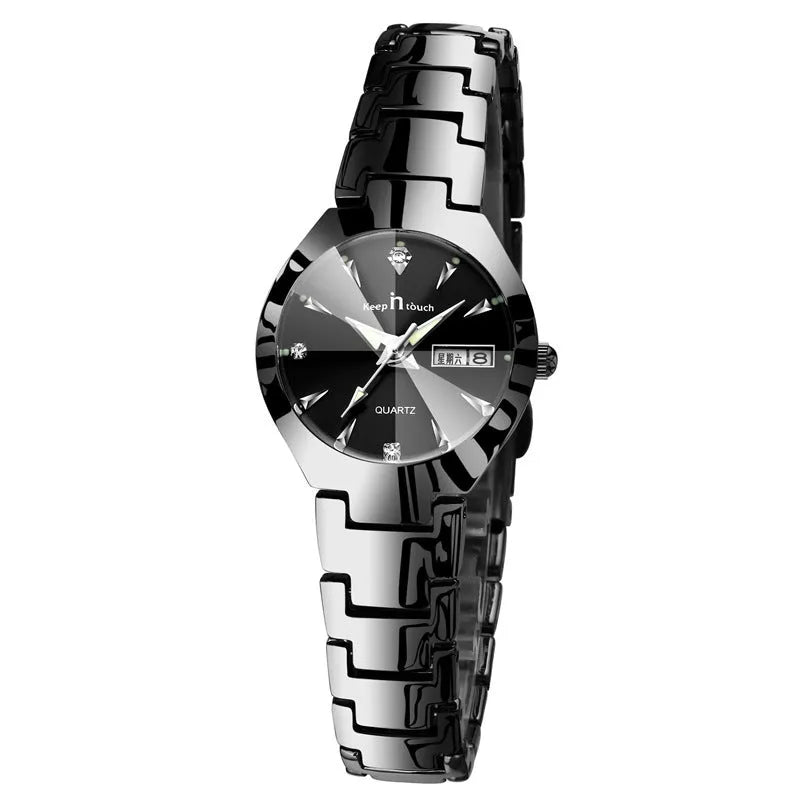 Luminous couple calendar quartz watch with 38mm round alloy case and mineral glass, available in silver black