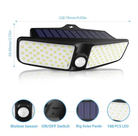 Outdoor solar wall light with 100 LEDs, IP65 waterproof rating and 5V solar operation for garden or fence