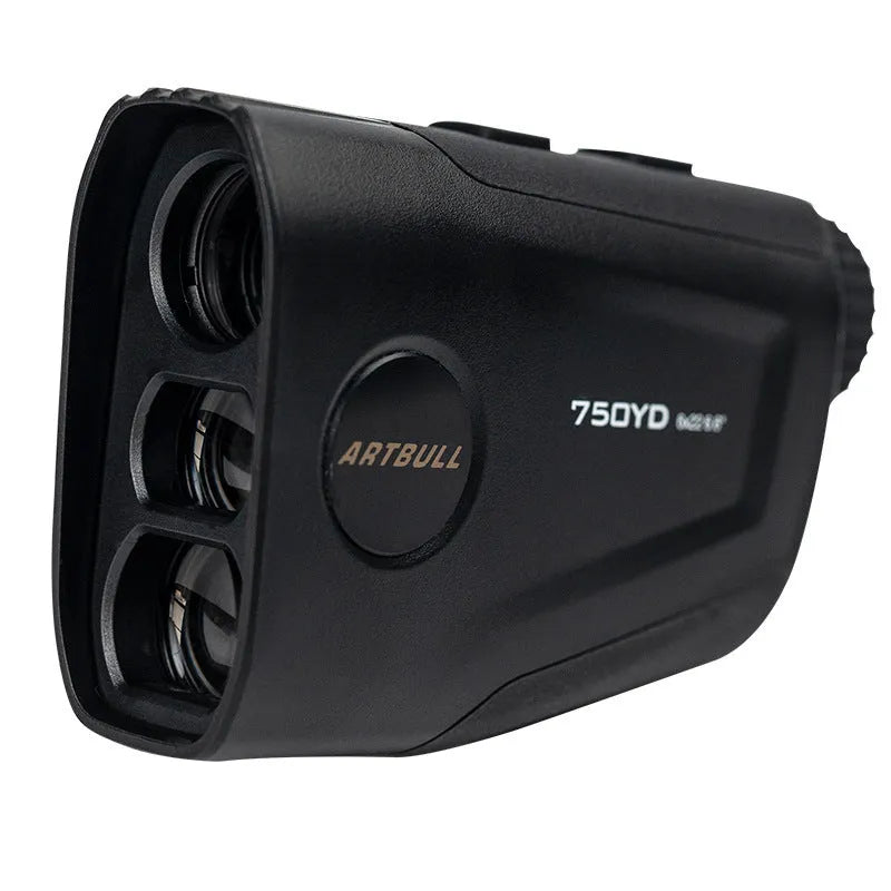 Golf laser rangefinder with LCD display showing distance measurement and slope adjustment
