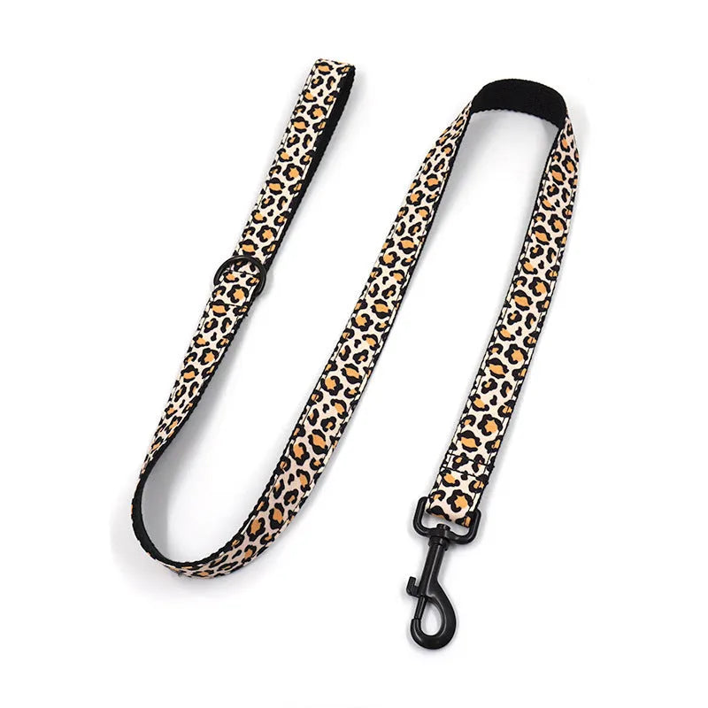 Brown leopard print dog collar and leash set with black buckle on chemical fibre material