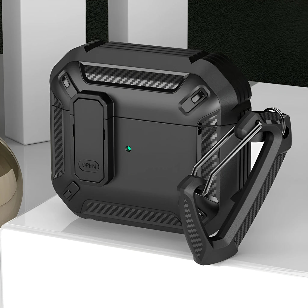 Protective clamshell case for AirPods with hook attachment in two-colour plastic design