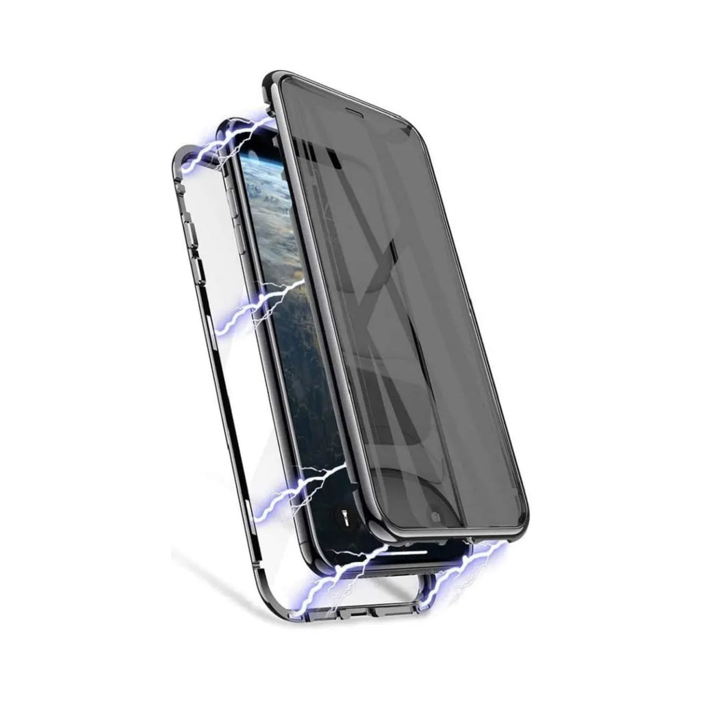 Peep-proof phone case with double-sided glass and aluminium alloy frame in black, showing rear camera cutout and magnetic set