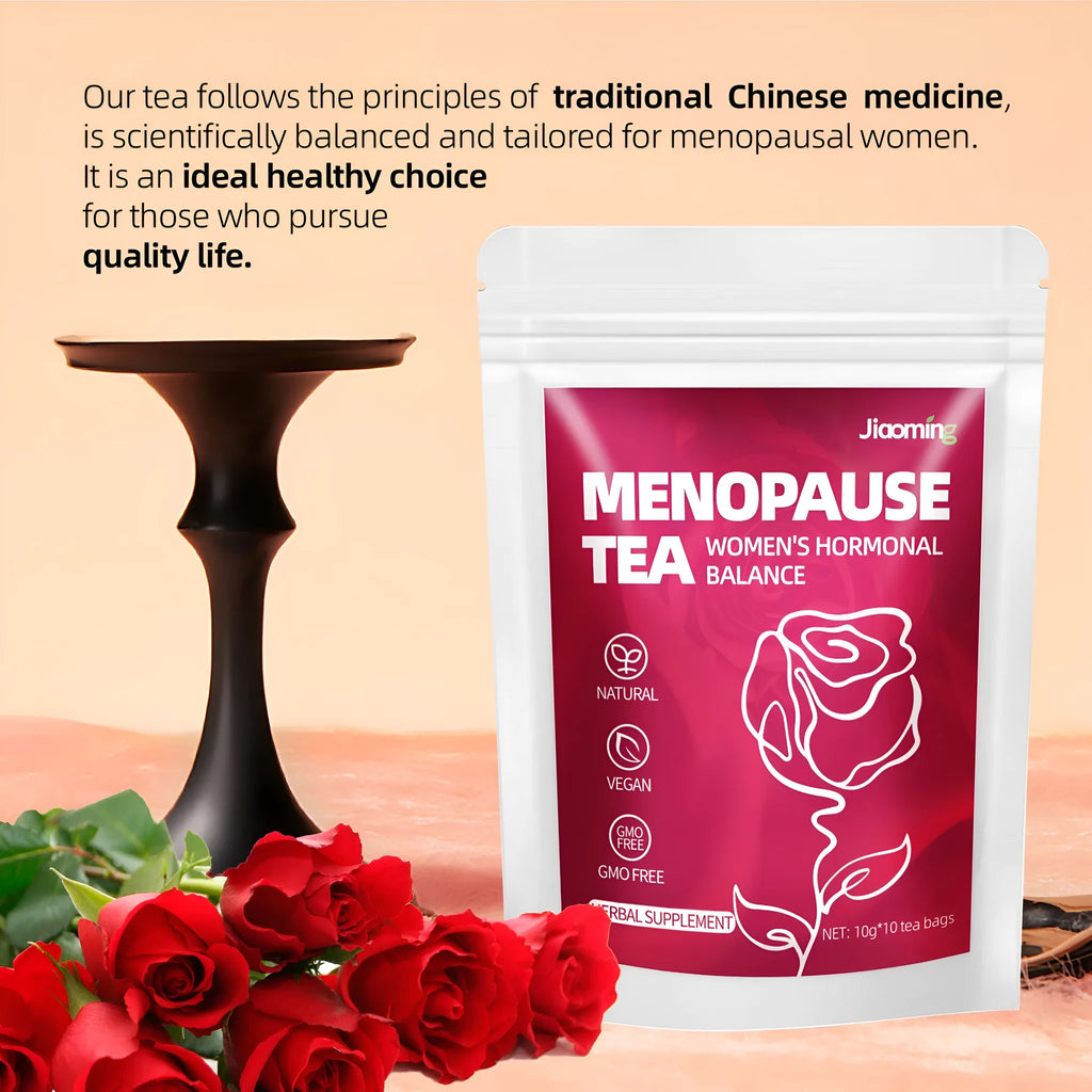 Women's menopausal health flower bag tea pack with 10 small bags on table