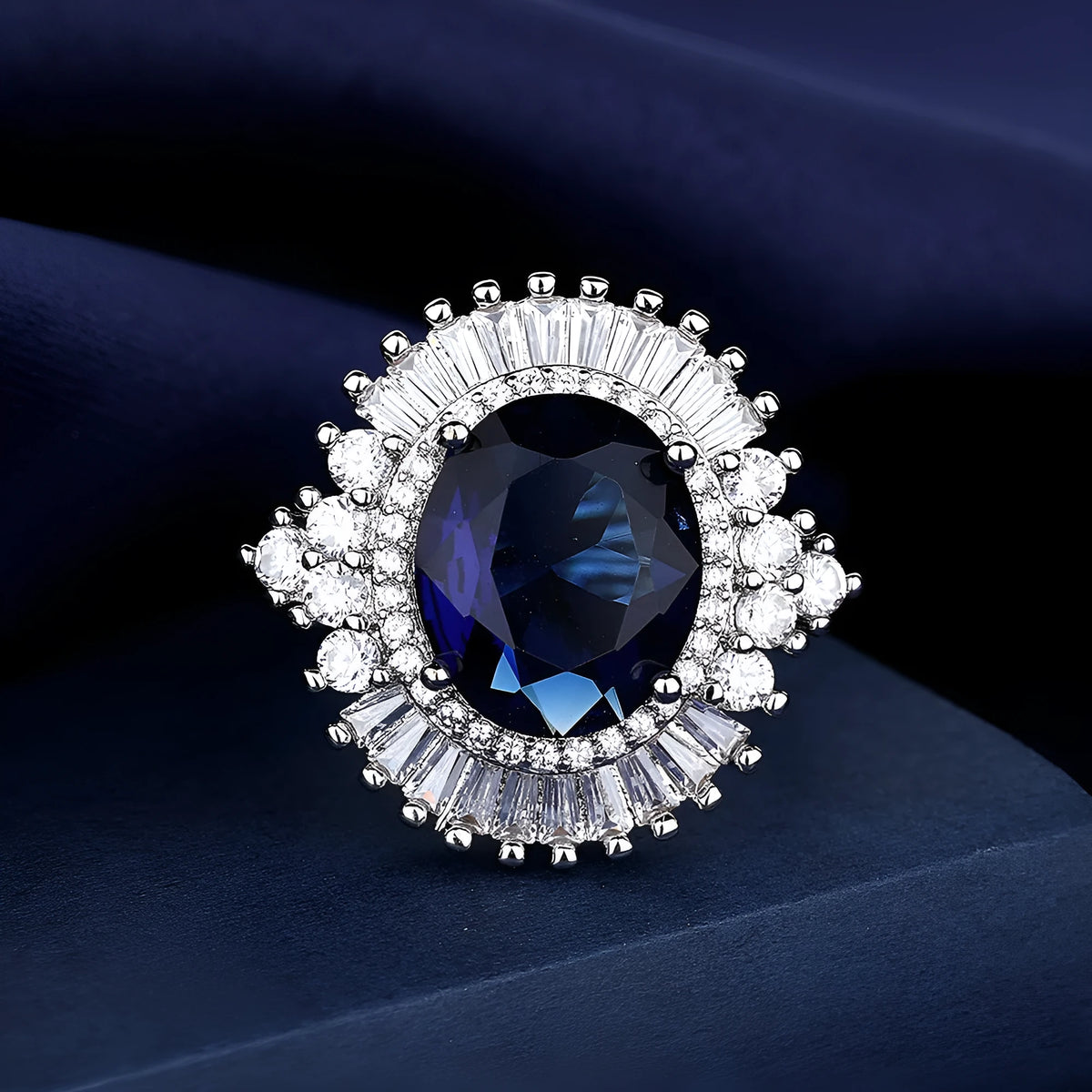 Sea blue heart square full diamond crown ring with white gold electroplated finish on copper base
