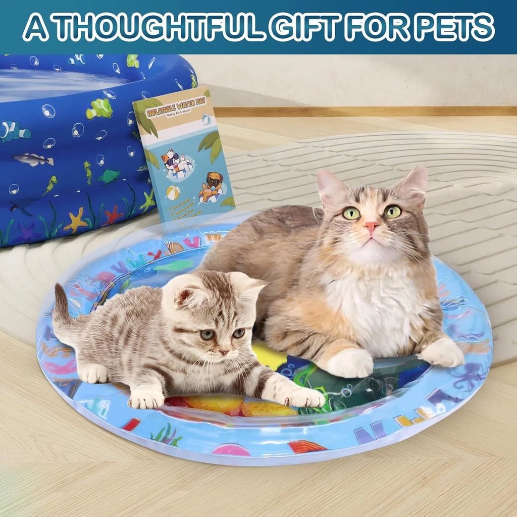 Square blue water playmat for cats on a floor, showing inflated edges and floating fish toys inside.