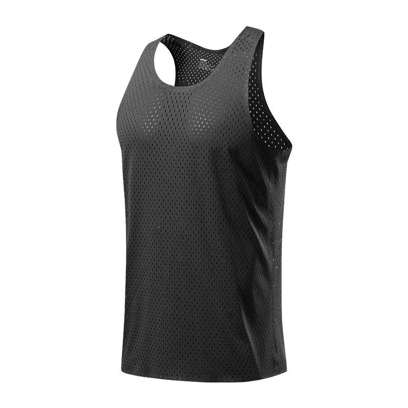 Men's solid colour sleeveless sports vest in polyester fabric on a plain background