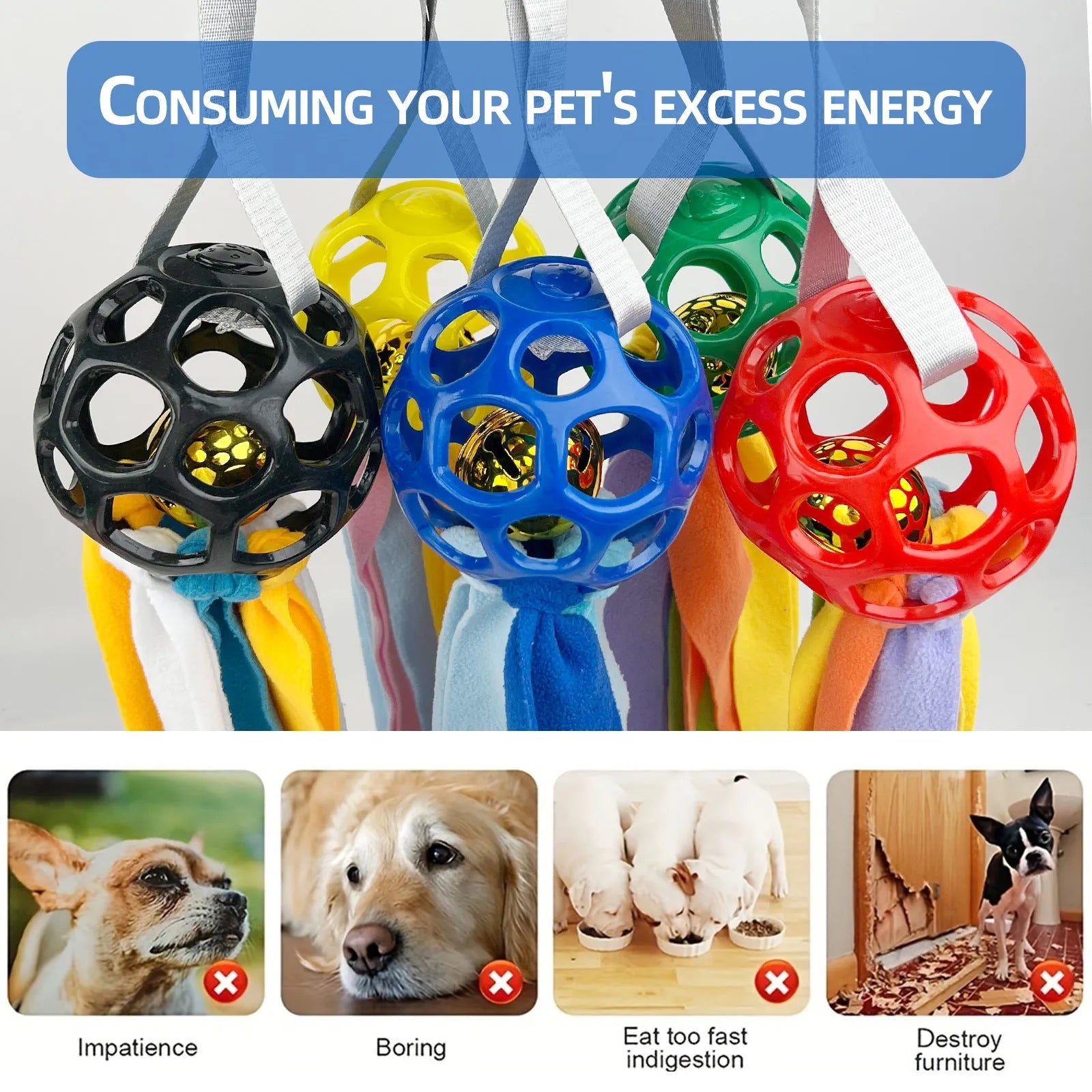 Interactive hollow pet toy ball with TPR sound insert in choice of five colours for dogs and cats.
