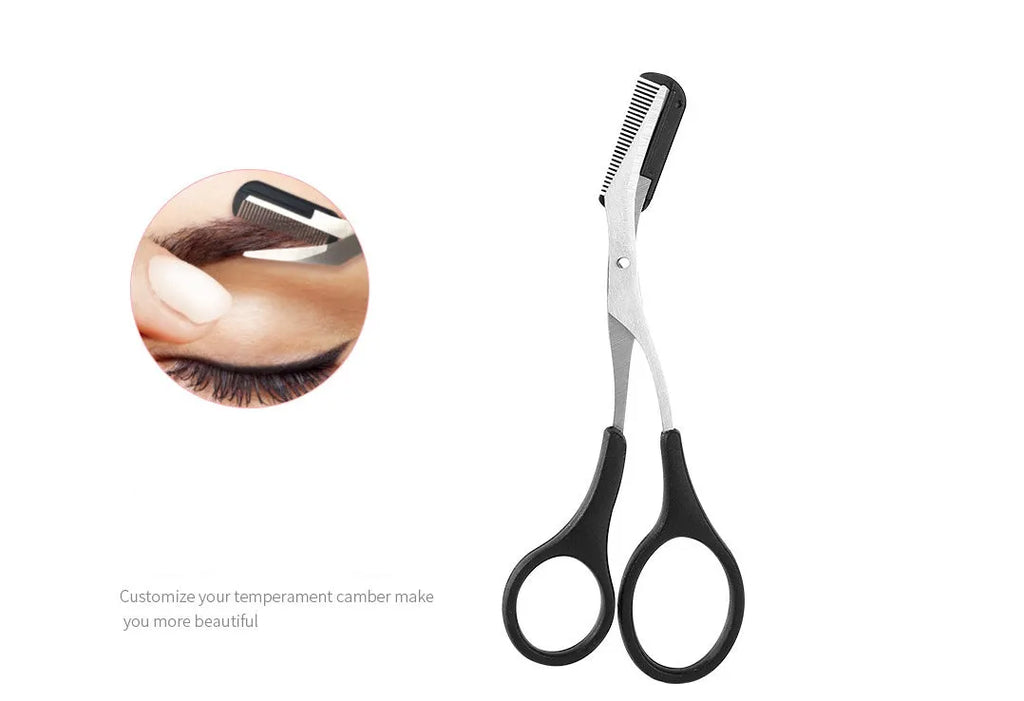 Black eyebrow trimmer set with stainless steel blade and compact 14x10x2cm size on a plain background.