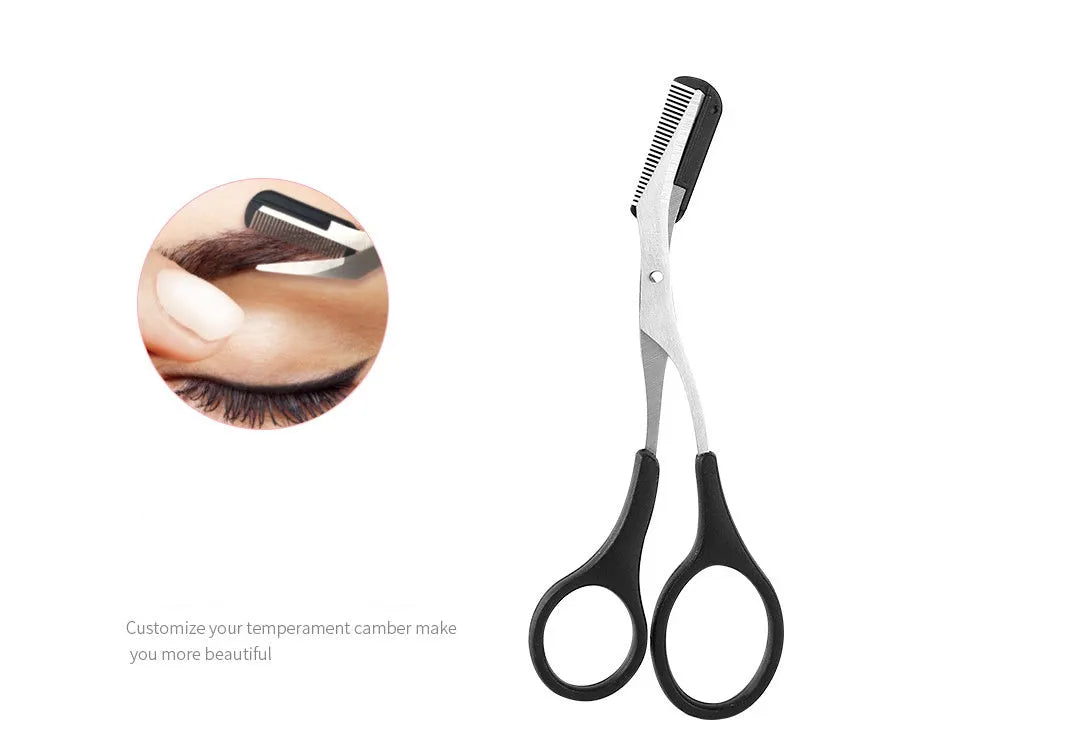 Black eyebrow trimmer set with stainless steel blade and compact 14x10x2cm size on a plain background.