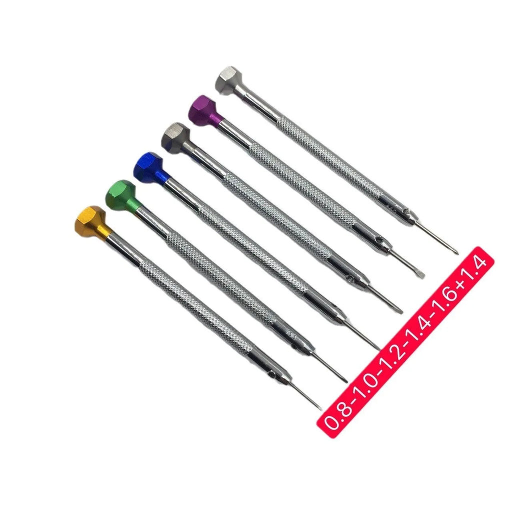 6-piece watch repair screwdriver set with colour aluminium suit and copper handles