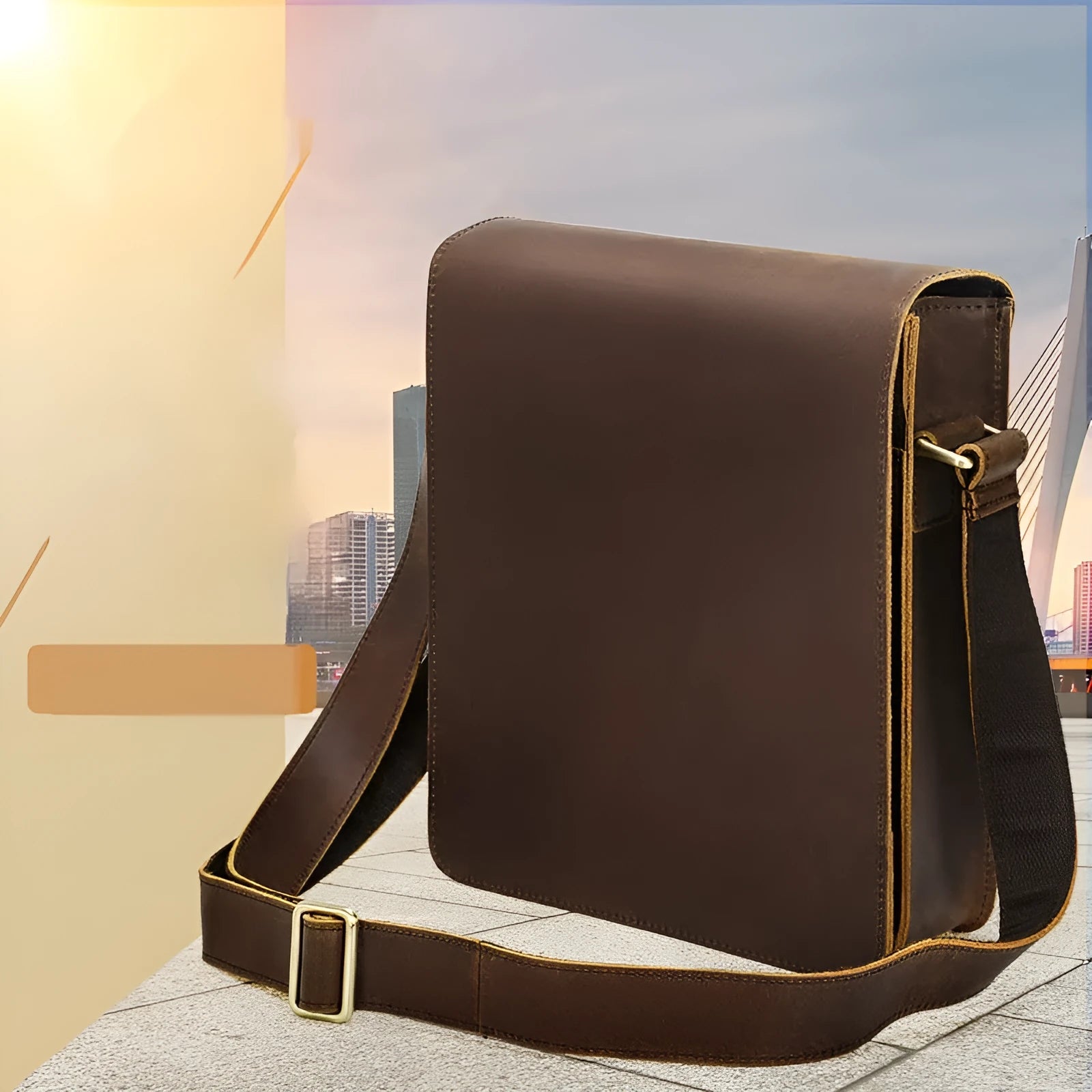 Vintage brown genuine cowhide leather men's crossbody bag with geometric pattern on shoulder strap