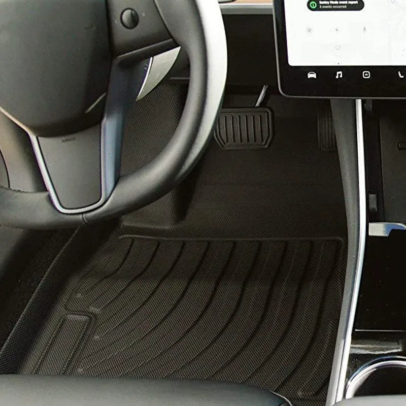 Tesla car floor mats with rubber construction and TPE footrest sections for Model 3, Y, S, X