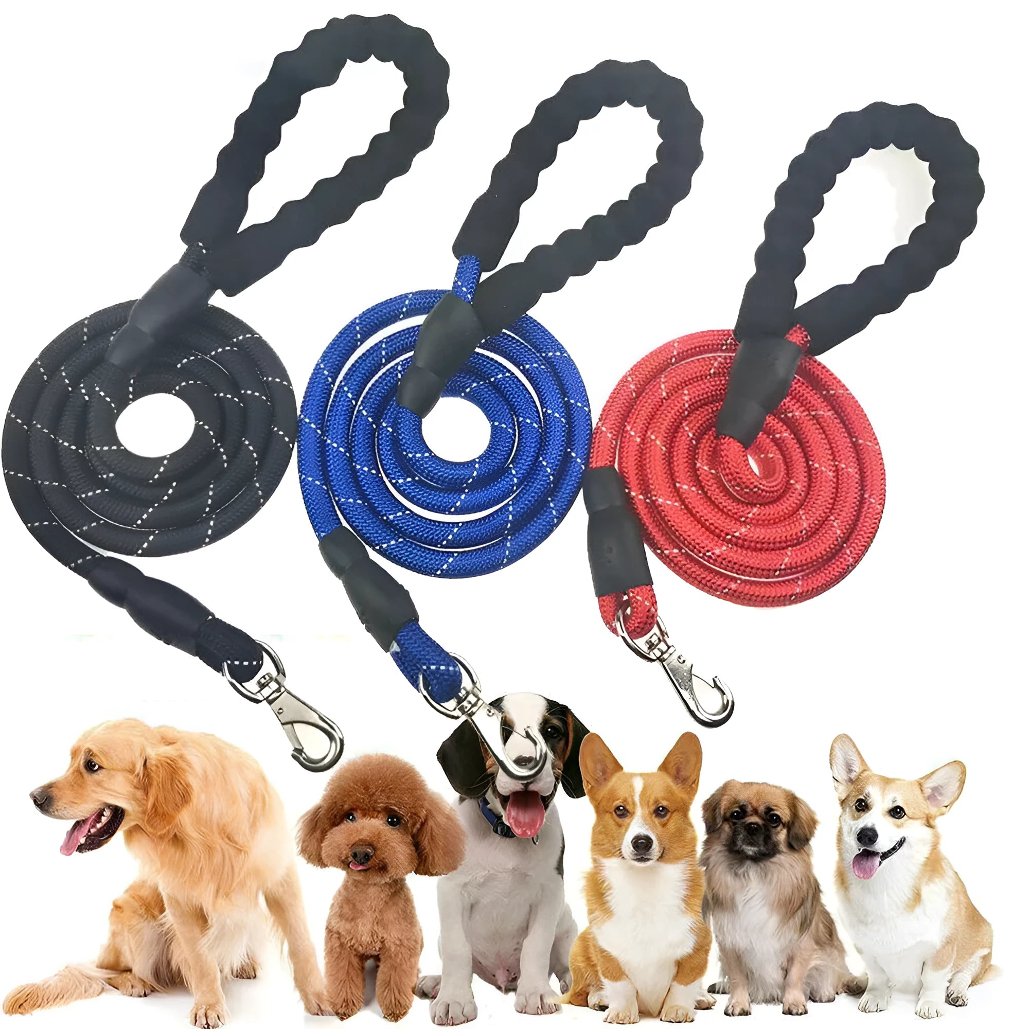 Black reflective dog leash with padded handle and adjustable waist rope for jogging
