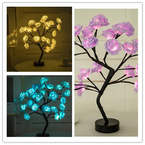 White and red rose flower LED table lamp with bonsai tree lights on a table.
