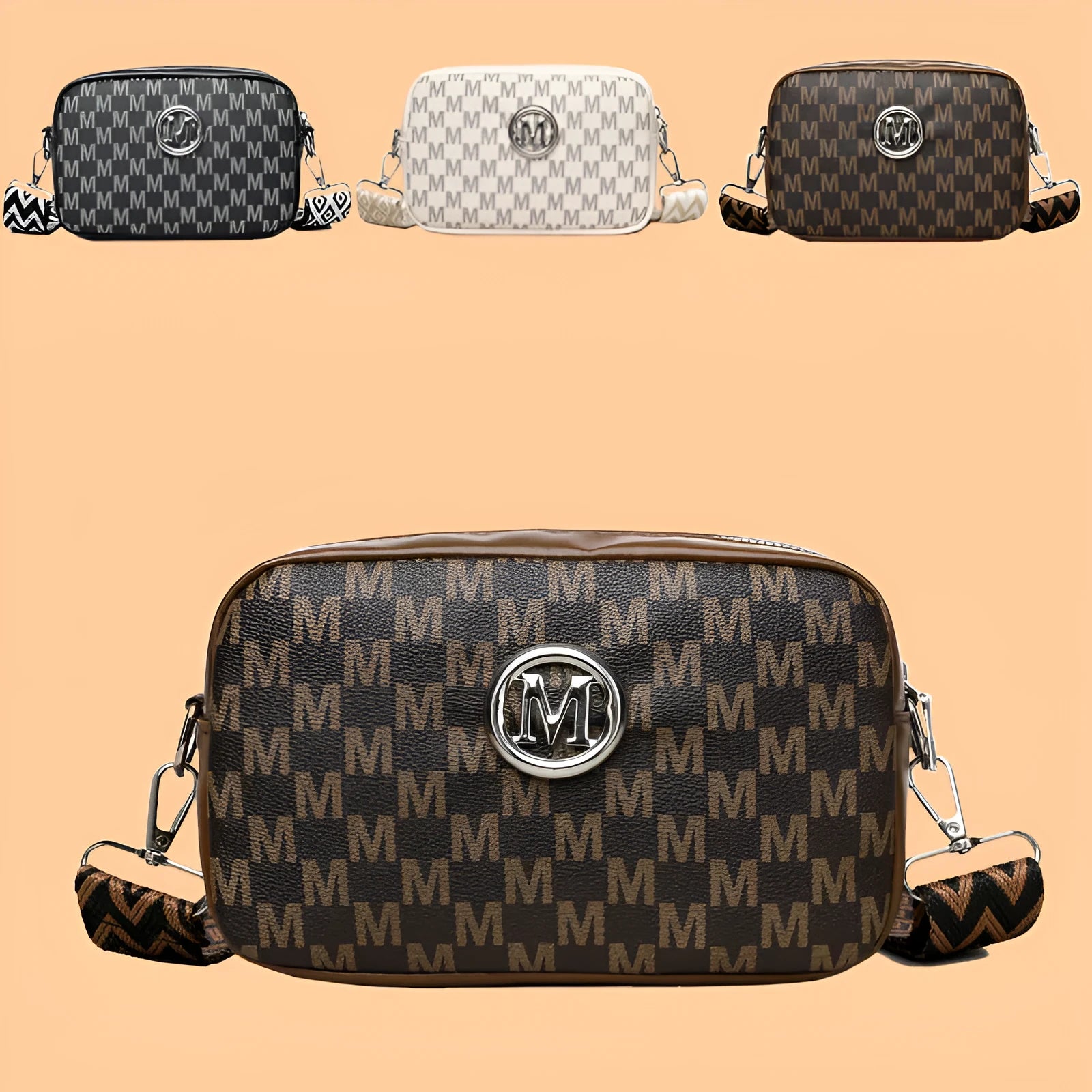 Black wide-strap crossbody bag made of PU leather, showing the three-dimensional outer pocket and adjustable shoulder strap.