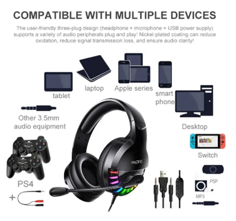 Black wired gaming headset with microphone and 3.5mm plug for PC gaming