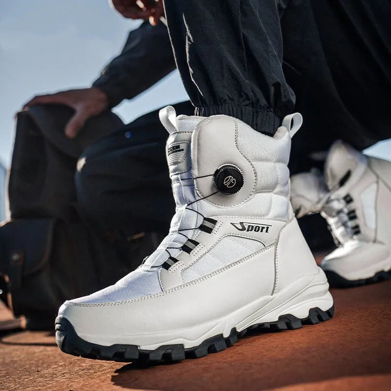 Men's fleece-lined snow boots in black with non-slip EVA sole on white background