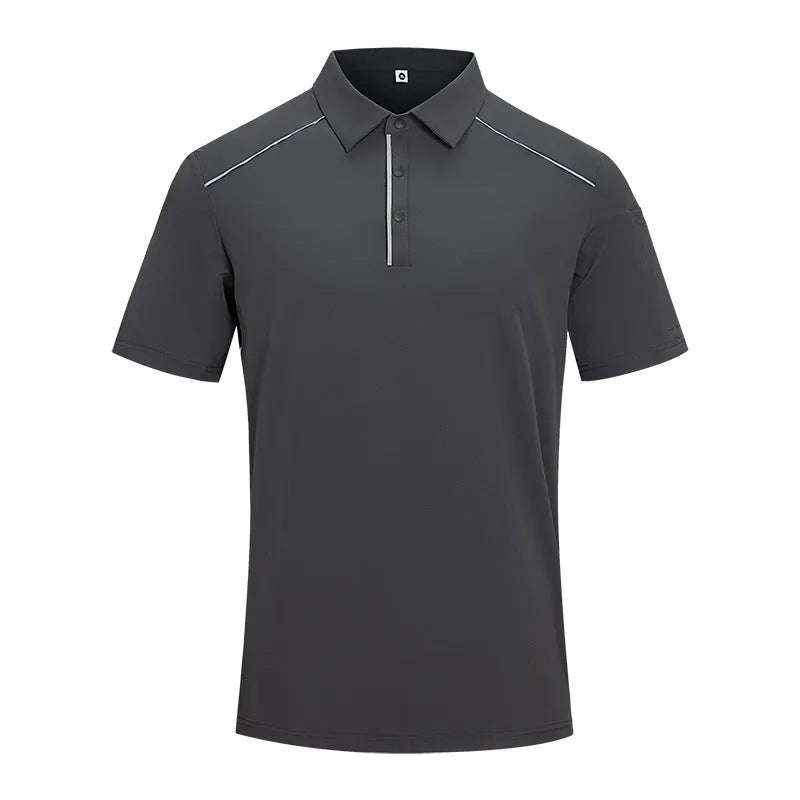 Men's solid colour quick-dry polo shirt in nylon blend fabric on a hanger.