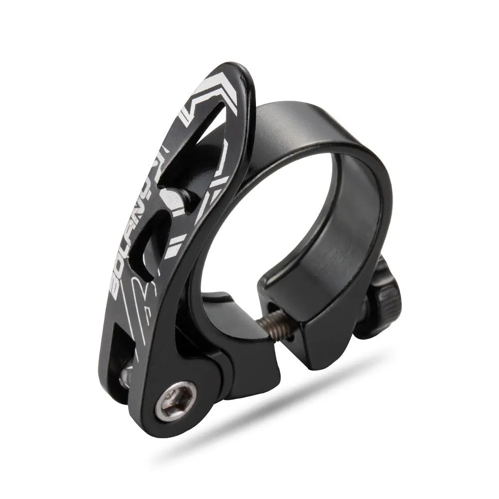 Aluminium alloy bicycle seat post clamp in black, shown next to red, blue, and gold colour options.
