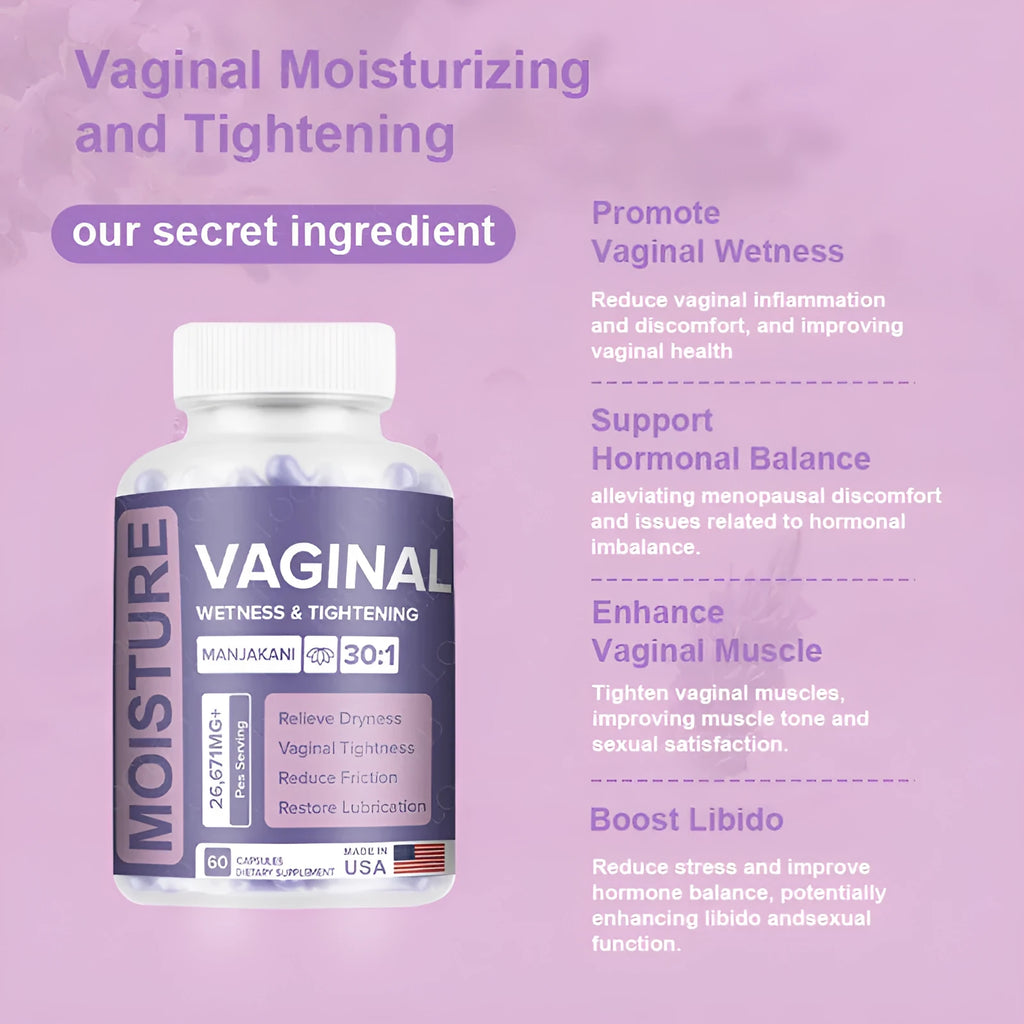 Bottle containing 60 vaginal capsules for adult female intimate health supplement