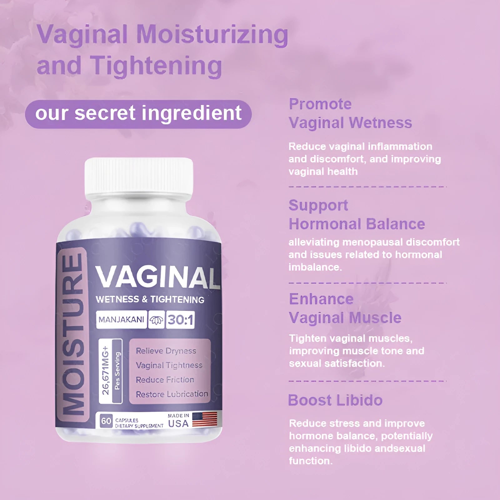Bottle containing 60 vaginal capsules for adult female intimate health supplement