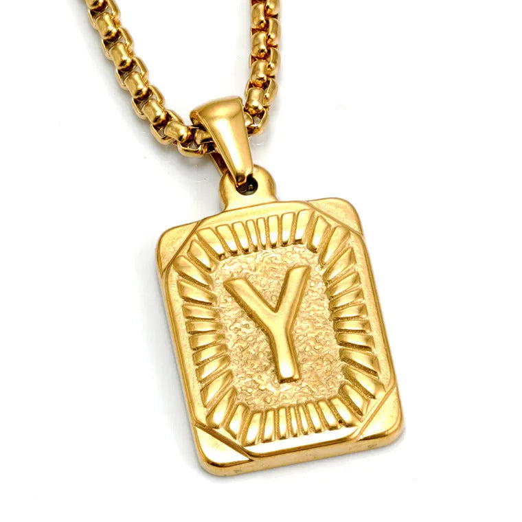 Gold-plated 18K titanium steel letter pendant necklace with pearl chain, unisex, letter M shown.