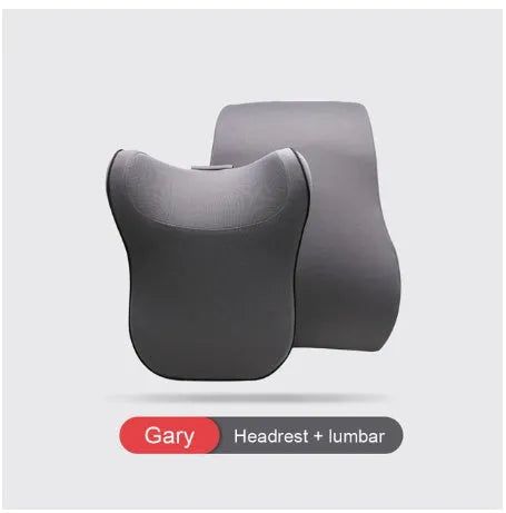 Car headrest set with memory foam cotton pillow and lumbar support in breathable fabric on car seat