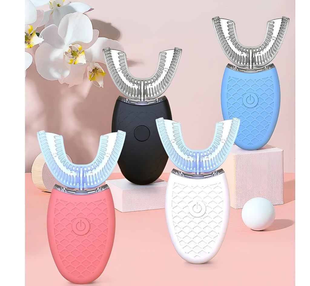 360 degrees electric toothbrush U type with silicone head and three cleaning modes in white colour