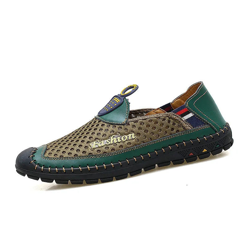 Mens brown casual shoes with mesh fabric uppers and rubber soles on a white background