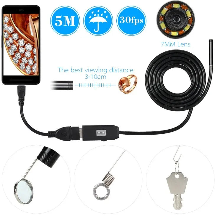 OWSOO USB endoscope camera with 5m cable, 6 LED lights, hook, magnet and side mirror for inspections