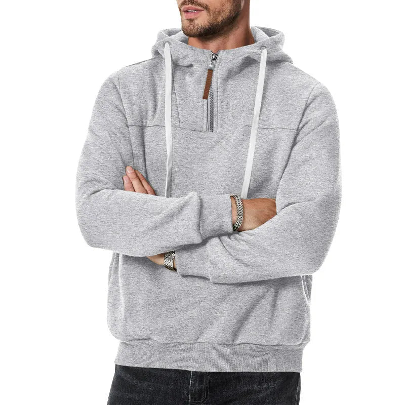 Men's heavy fleece-lined half-zip hooded sweatshirt in solid colour with zip front and hood
