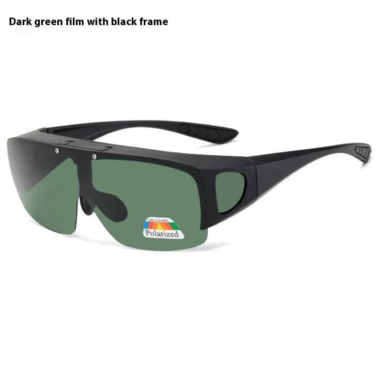 Polarised sports sunglasses with a one-piece lens for myopia, shown in black/grey and dark green colour options.