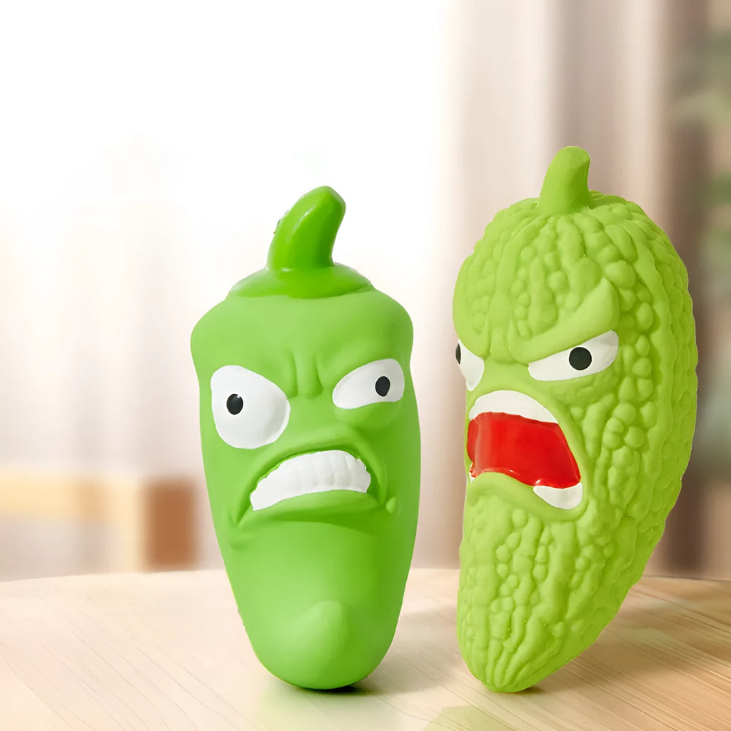 Bitter gourd and chilli shaped dog chew toys with textured surfaces for grinding teeth.